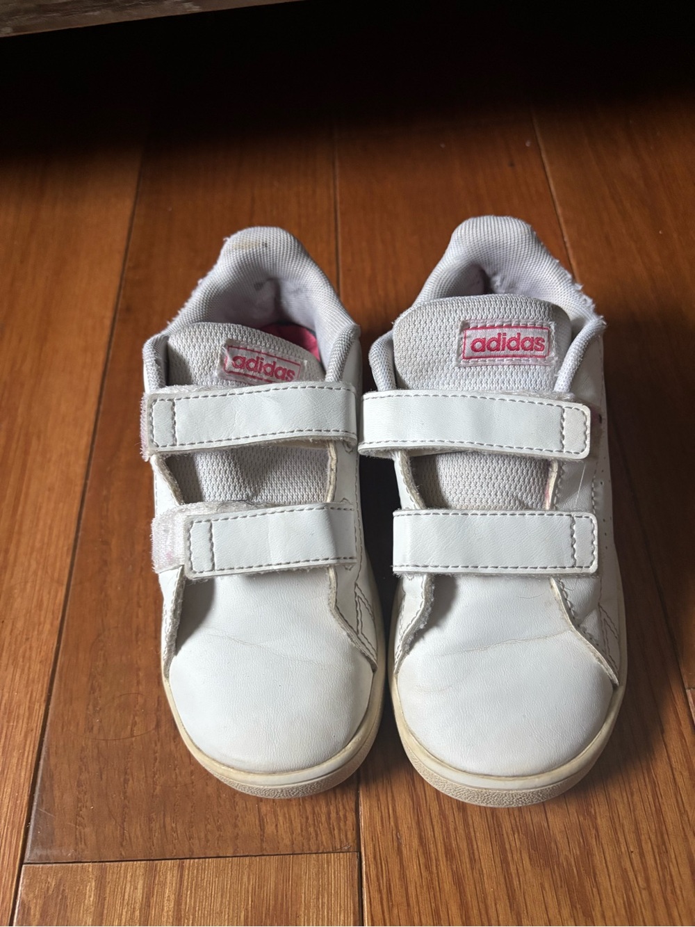 adidas Kids White Velcro Sneakers with Pink Logo Accents